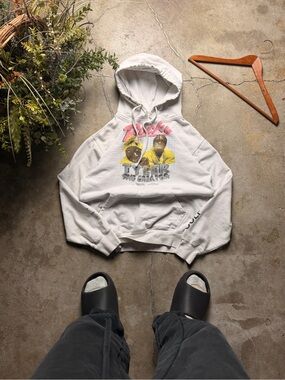 Crewneck Graphic Pullover Hoodie in White with Pink & Yellow Print